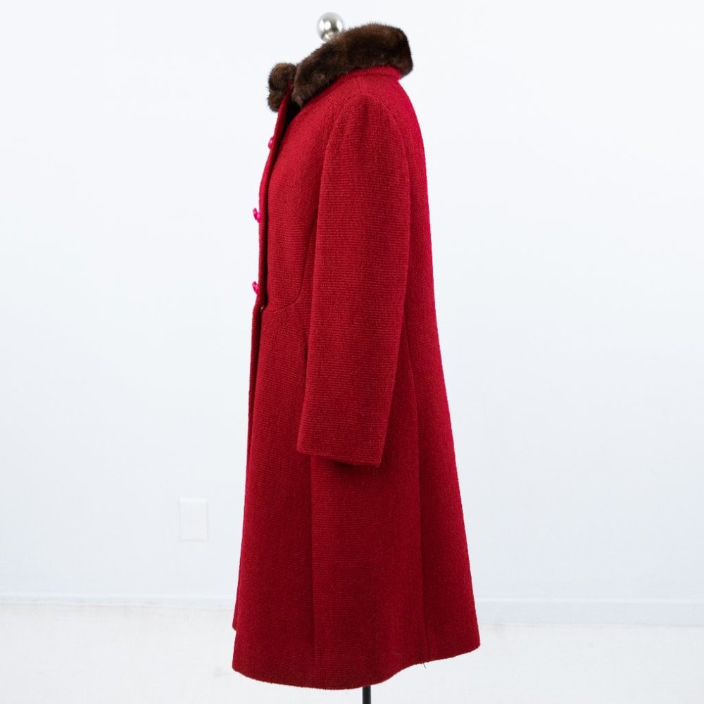SOLD Vintage 50s M Mink Collar Princess Coat Midi Red - Picture 5 of 13